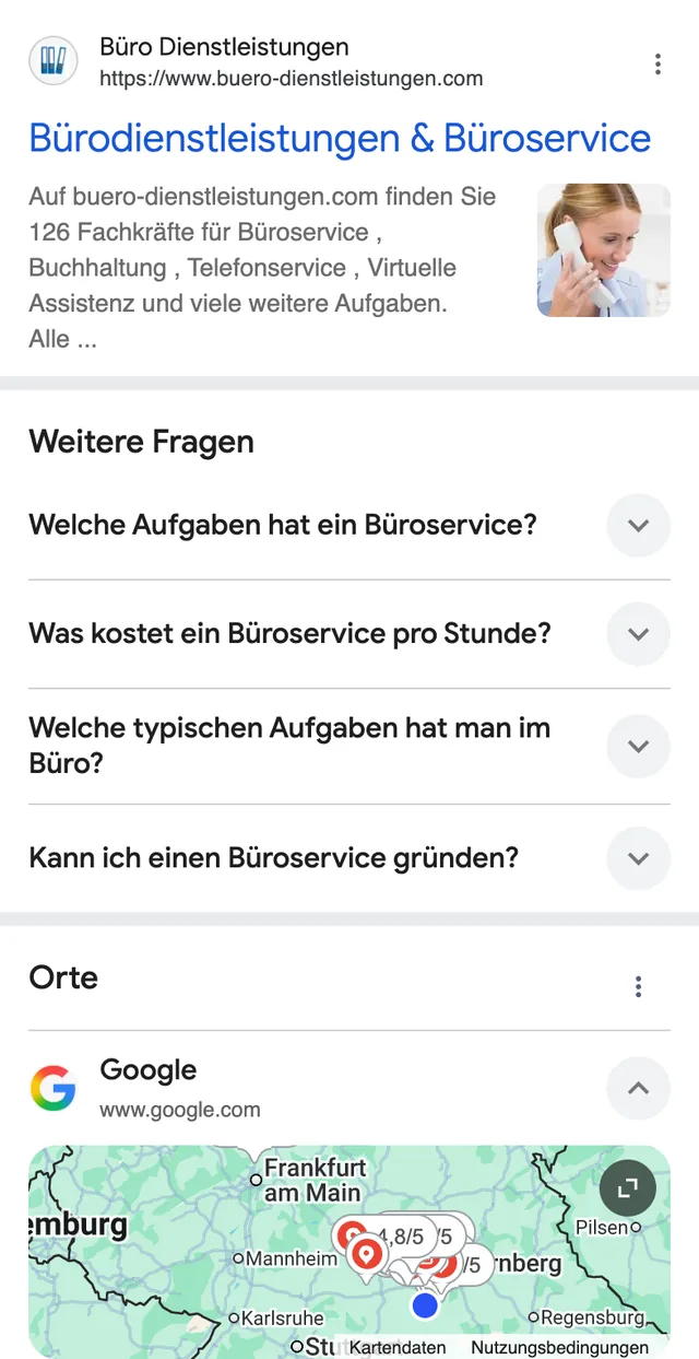 Suche „bürodienstleistungen“ bei Google, Oktober 2026 — erster Treffer, keine bezahlte Anzeige. Google-Suchergebnis auf dem Handy: eine von Werner Laude gebaute Seite steht bei der Suche nach „bürodienstleistungen“ an erster Stelle
